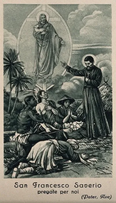 Saint Francis Xavier as a missionary with a Chinese woman, an African man, a Native American and an Indian; showing them an image of Christ holding a lamb