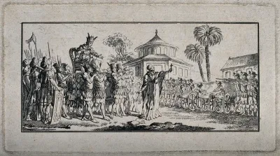 Saint Francis Xavier (?), holding a crucifix and supported by artillery, is preaching to a group of native Americans (?)