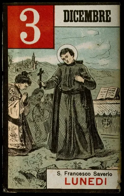 Saint Francis Xavier holding a crucifix, Japanese converts kneeling in front of him; a church and an altar in the background
