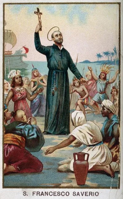 Saint Francis Xavier holding a crucifix, surrounded by Asian and African people kneeling in front of him; sea and a ship in the background