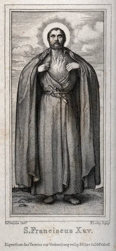 Saint Francis Xavier, looking upwards, showing fire in his chest