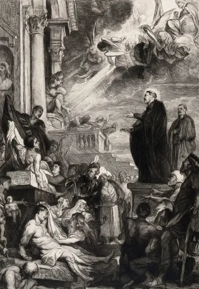 Saint Francis Xavier performing miracles in Asia: he heals and revives people
