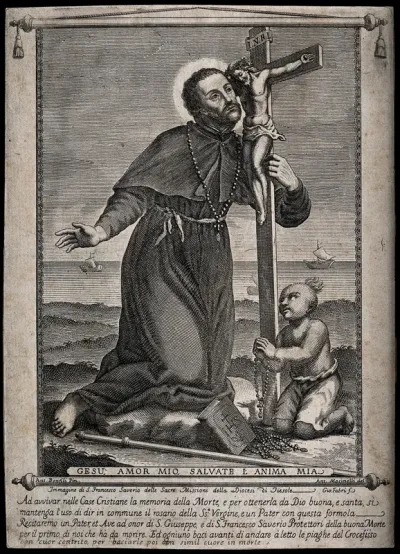 Saint Francis Xavier praying with a little Asian boy in front of a cross
