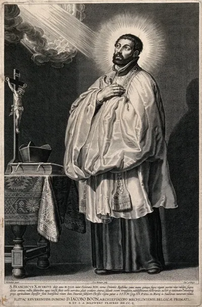 Saint Francis Xavier, standing next to an altar with a crucifix, looking upwards