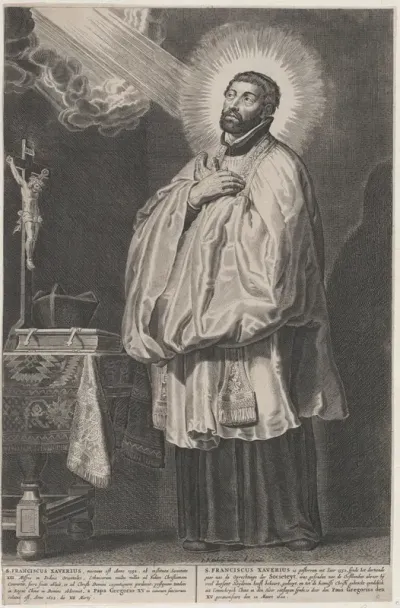 Saint Francis Xavier with a divine light emanating towards him from the upper left, with a crucifix, mitre, and book on a table at left