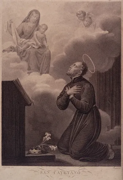 Saint Gaetano kneeling in front of an altar, looking up at the Virgin and Child seated on a cloud