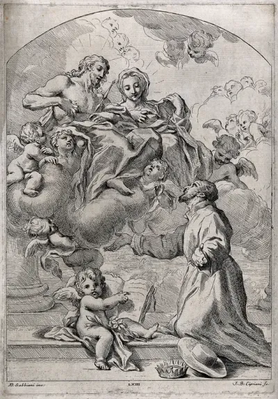 Saint Gaetano kneeling, looking up at the Virgin and Christ seated on a cloud amid cherubs; cherub holding the Bible in the foreground