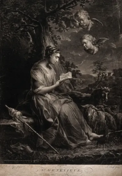 Saint Geneviève as a shepherdess, seated under a tree, reading a book; sheep at her side, three angels in the sky