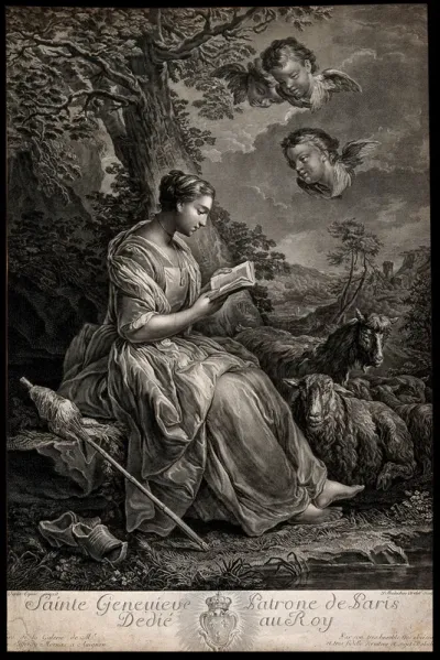 Saint Geneviève as a shepherdess, seated under a tree, reading a book with sheep at her side; three angels in the sky