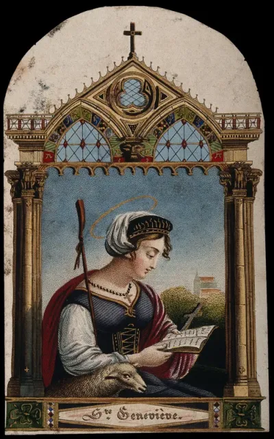 Saint Geneviève seated under a Gothic canopy, holding the Bible; a lamb at her side; a church in the background