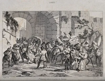 Saint Geneviève, surrounded by a crowd of Parisians, exhorts them (to resist the Huns?)
