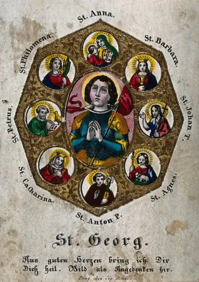 Saint George and Saint Antony of Padua, Saint Catherine of Alexandria, Saint Peter the Apostle, Saint Philomena, Saint Anne, Saint Barbara, Saint John the Baptist and Saint Agnes