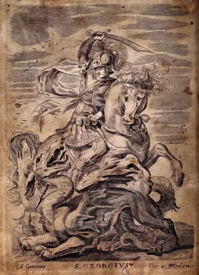 Saint George on horseback about to kill the dragon with his sword