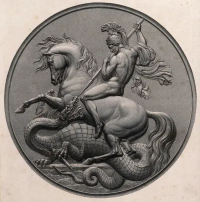 Saint George on horseback, naked and wearing a helmet, fighting the dragon