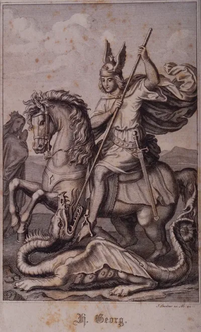 Saint George on horseback wearing a winged helmet, is about to kill the dragon with his lance