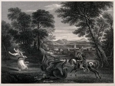 Saint George on horseback wearing armour is about to kill the dragon with his lance