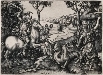 Saint George on horseback wearing armour is about to kill the dragon with his sword