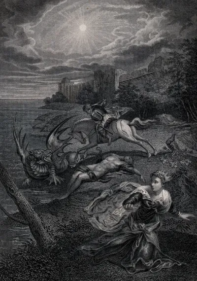 Saint George on horseback wearing armour is about to kill the dragon with his sword