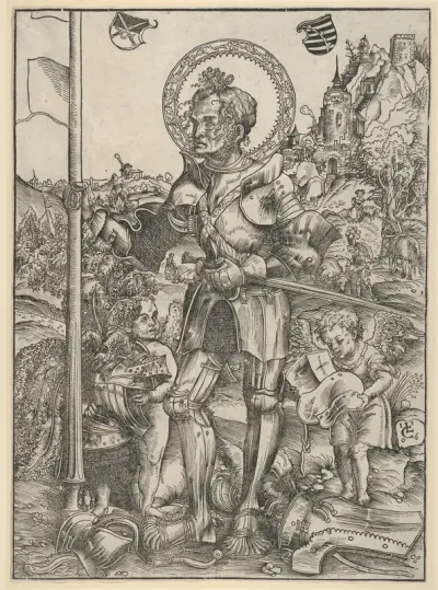 Saint George Standing with Two Angels