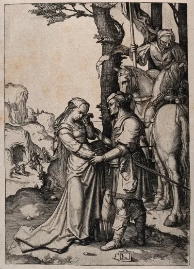 Saint George, the princess whom he has rescued, and his fight with the dragon