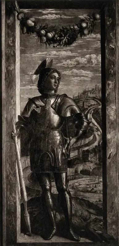 Saint George wearing armour and holding a lance, a dead dragon at his feet; a city in the background