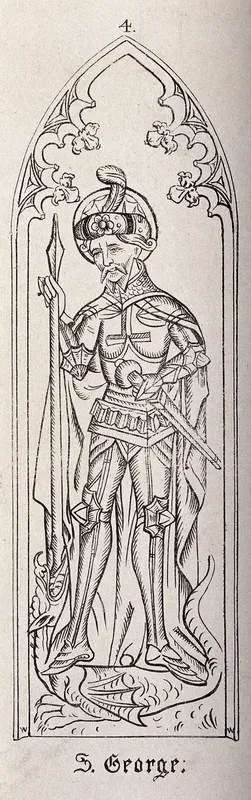 Saint George wearing armour and holding a sword is standing on the dragon
