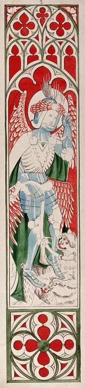 Saint George wearing armour and holding the palm of victory is standing on the dragon; quatrefoil below