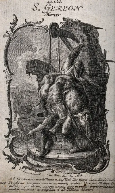 Saint Gereon being thrown into a well by two men; soldiers in the background