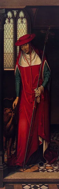 Saint Giles. Colour lithograph, by C. Schultz, 1878, after H. Memlinc