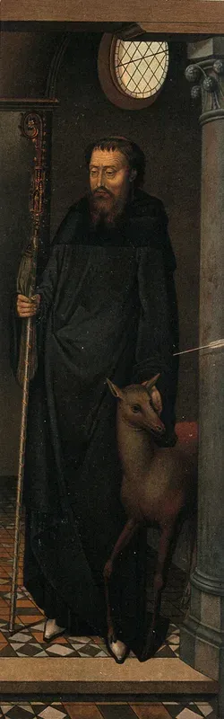 Saint Giles. Colour lithograph by C. Schultz after H. Memling, 1878