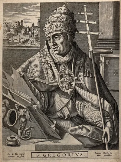 Saint Gregory, as pope; Rome in the background