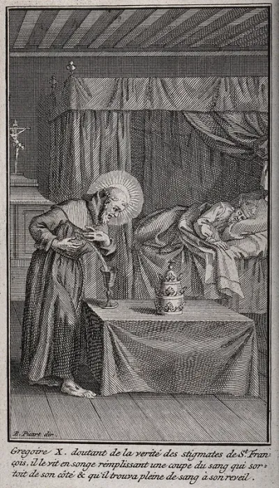 Saint Gregory, doubting the stigmata of Saint Francis, sees in a dream Saint Francis filling a chalice with his blood