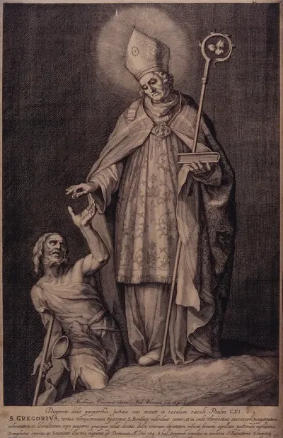 Saint Gregory of Utrecht wearing episcopal dress is giving money to a lame man