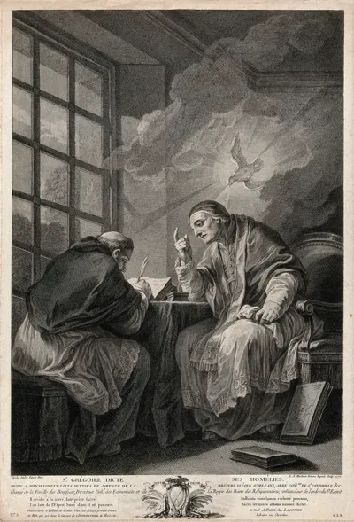 Saint Gregory the Great, dictating his homilies on the prophet Ezechiel, is visited by the Holy Ghost