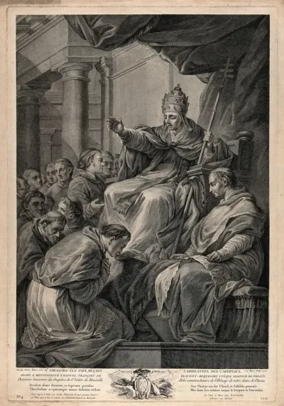 Saint Gregory the Great: elected pope, he receives obeisance from the cardinals