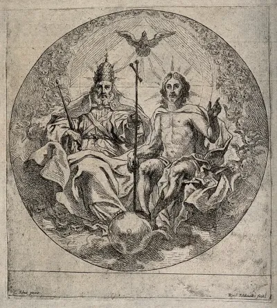 Saint Gregory the Great enthroned on the right hand of Christ; above, the Holy Ghost
