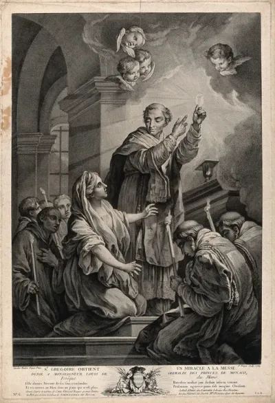 Saint Gregory the Great: he holds up before a heretic woman the Host in which Christ crucified appears