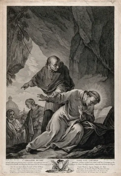 Saint Gregory the Great: thinking himself unworthy to be Pope, he retires to a cave and studies the scriptures, but churchmen come to persuade him to return to Rome
