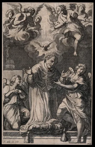 Saint Gregory the Great, wearing ecclesiastical dress and supported by two angels, is kneeling in prayer; angels above him