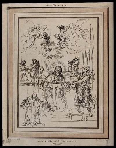 Saint Gregory the Great, wearing ecclesiastical dress, is kneeling in prayer; angels above him