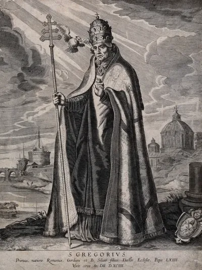 Saint Gregory the Great wearing papal dress is standing by the Tiber; Castel Sant'Angelo and Saint Peter's in Rome in the background