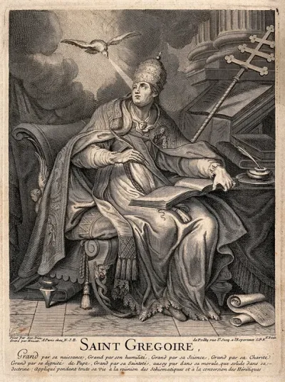 Saint Gregory, wearing papal costume, is seated at his desk writing his homilies