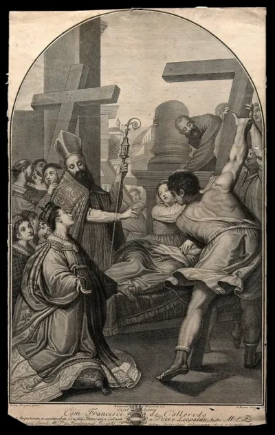 Saint Helena: the cross on which Christ was crucified is raised before her