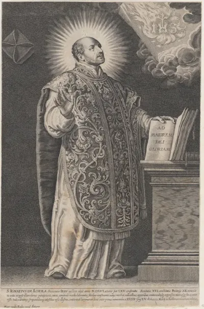 Saint Ignatius Loyola, standing and holding an open book