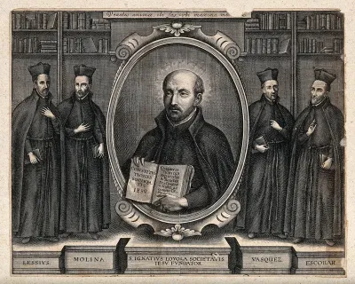 Saint Ignatius of Loyola (centre) with four other leading Jesuits: Lessius, Molina, Vasquez and Escobar