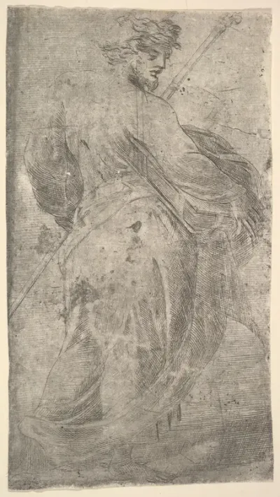 Saint James Major, a staff in his left hand, book in his right, from "Christ and the Apostles"