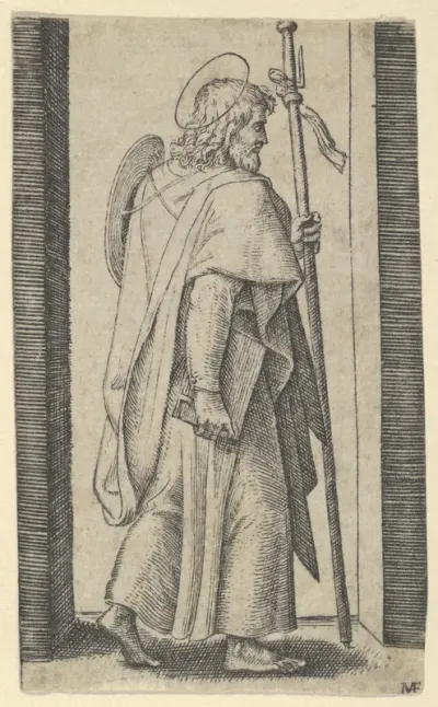 Saint James Major, book is his right hand, staff in his left facing right, from "Piccoli Santi" (Small Saints)