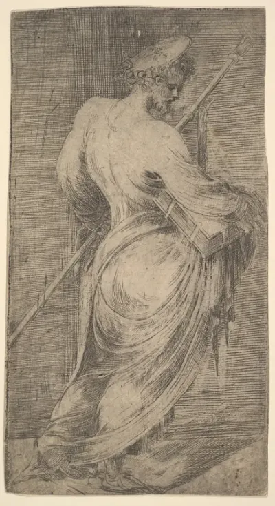 Saint James Major holding a staff and a book facing right, from "Christ and the Apostles"