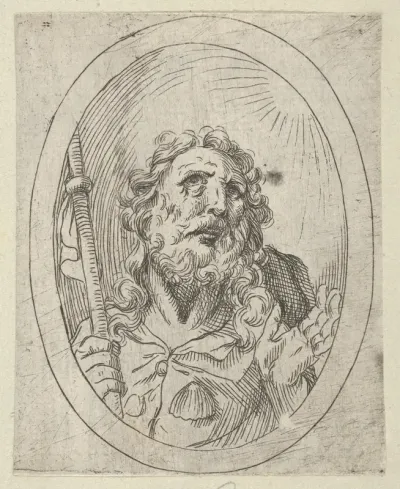 Saint James Major, looking upwards and holding a staff, from "Christ, the Virgin, and Thirteen Apostles"