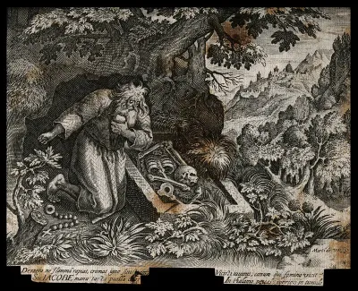 Saint James the hermit beating himself with a stone as he contemplates a skeleton in a tomb